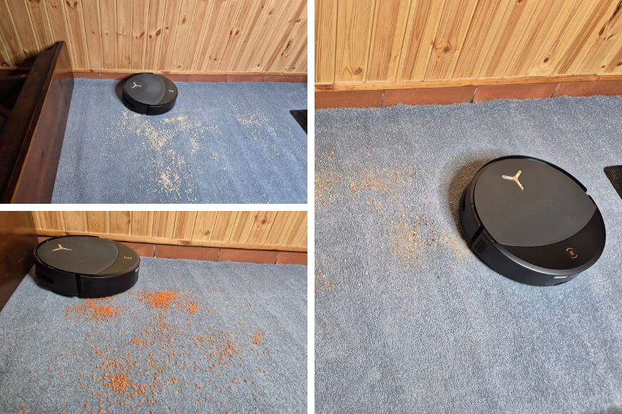 ECOVACS DEEBOT T90 PRO OMNI beim Saugtest auf Teppich mit Linsen und Sand